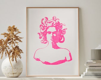 Medusa Gorgon ⋅ Originele linosnede print ⋅ Neon roze kunst aan de muur