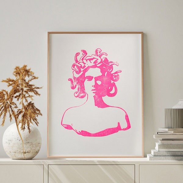 Medusa Gorgon ⋅ Original linocut print ⋅ Neon pink wall art