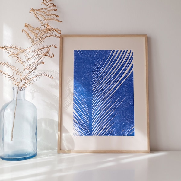 Blaues Palmenblatt • Linoldruck 30 x 40 cm → Botanische Wandkunst Original