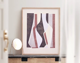 Original linocut print on ivory paper 40 x 50 cm ⋅ Abstract shapes of vases block print ⋅ Elegant earth tone wall art