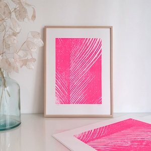 Foglia di palma rosa ⋅ Linoleografia su carta ⋅ Rosa effetto neon