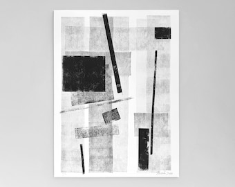 Original abstract monoprint on paper 30 x 40 cm ⋅ Mixed media linocut and oil painting ⋅ Black and white geometric wall art ⋅ Monotype