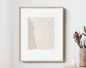 David ⋅ Original linocut print on paper ⋅ Sand beige neutral tones lines art ⋅ Soft earth tone Minimalist wall art