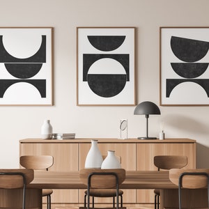 3 piece wall art ⋅ Printable black and white wall art, Mid century modern print set, Japandi interior poster