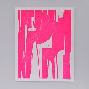 Original linocut print large 40 x 50 cm ⋅ Neon pink abstract art