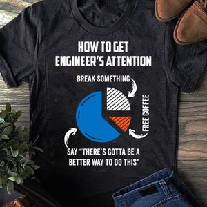 May include: Charcoal grey t-shirt with white text: "HOW TO GET ENGINEER'S ATTENTION." The shirt features a pie chart graphic with the phrases "BREAK SOMETHING," and "SAY 'THERE'S GOTTA BE A BETTER WAY TO DO THIS'" and "FREE COFFEE."