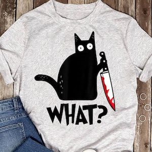 猫は何？面白い黒猫シャツ、ナイフを持った殺人猫Tシャツ - 猫好きへのギフト - 面白い猫シャツ