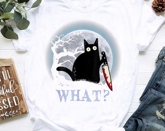 Kat Wat? Moordende zwarte kat met mes Halloweenkostuum, zwarte kat, grappig shirt zwarte kat, grappig Halloween-shirt, shirt voor mannen en vrouwen
