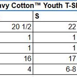 May include: A sizing chart for the Gildan Heavy Cotton Youth T-Shirt 5000B, displaying body length, body length tolerance, chest tolerance, chest width in inches, and US sizes for XS, S, M, L, and XL. The table provides specific numerical values.