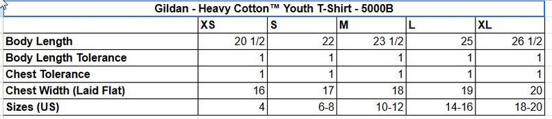 May include: A sizing chart for the Gildan Heavy Cotton Youth T-Shirt 5000B, displaying body length, body length tolerance, chest tolerance, chest width in inches, and US sizes for XS, S, M, L, and XL. The table provides specific numerical values.