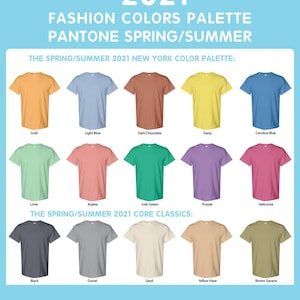 K&ouml;nnte beinhalten: Grafik der Farbpalette f&uuml;r die Fr&uuml;hjahr/Sommer-Mode 2021. Das Bild zeigt eine Vielzahl von T-Shirts in verschiedenen Farben, darunter Gold, Hellblau, Dunkle Schokolade und G&auml;nsebl&uuml;mchen. Der Text lautet "Fashion Colors Palette".