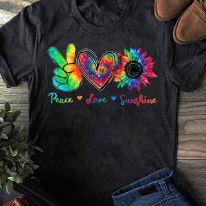 Peace Love Sunshine Sunflower Hippie Tie Dye T-Shirt - Chemise Hippie, Chemise Hippie Soul, Chemise Paix, Hippie.