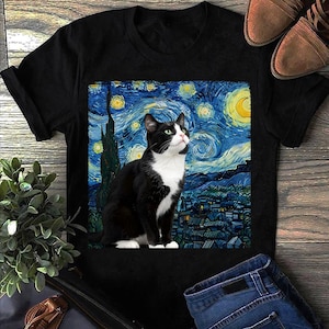 Gatto Notte Stellata Van Gogh Regalo per amanti dei gatti Maglietta Van Gogh - Regalo per amanti dei gatti - Maglietta divertente con gatti - Maglietta con gatti per donne - Maglietta con gatti