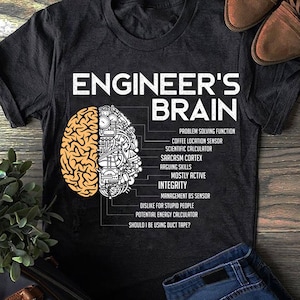 May include: Dark gray t-shirt with the text "ENGINEER'S BRAIN" and a brain graphic. The graphic is split, with one side showing a brain and the other side showing mechanical components. Text lists brain functions like "Problem Solving Function".