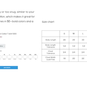 May include: A white Gildan Heavy Cotton T-Shirt - 5000 with a black and white logo. The shirt is shown on a model. A size chart is included with measurements in inches.