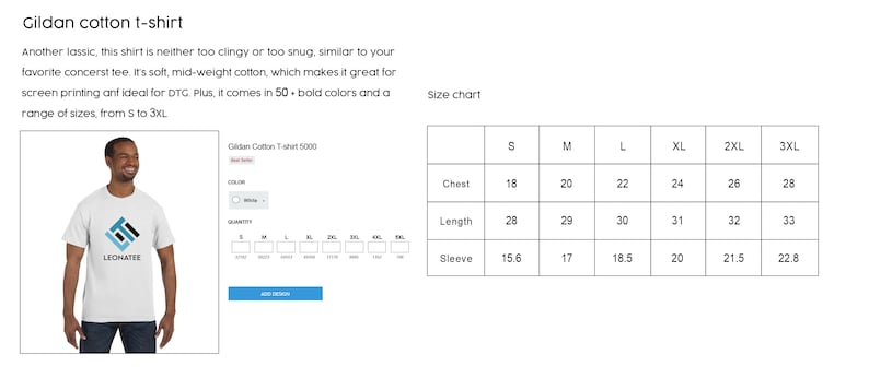 May include: White Gildan cotton t-shirt with a logo on the front. The shirt is available in sizes S to 3XL and 50 colors. Size chart shows chest, length, and sleeve measurements in inches.