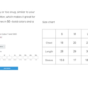 May include: White Gildan cotton t-shirt with a logo. The image includes a size chart with chest measurements from 18 to 28 inches, lengths from 28 to 33 inches, and sleeve lengths from 15.6 to 22.8 inches. The shirt is available in sizes S to 3XL.