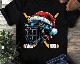 Casco de hockey sobre hielo navideño, Papá Noel, niños, jugador de hockey sobre hielo adolescente, amante del hockey, camiseta de jugador de hockey, regalo de hockey, equipo de hockey, mamás de hockey