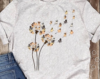 花柄パグ犬タンポポおもしろ動物愛好家Tシャツ メンズ レディース Tシャツ - 犬好きの方へのギフト - おもしろ犬 - パグママ - パグ好き - 母の日