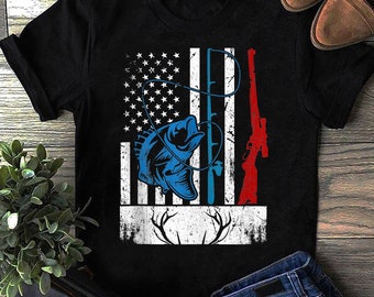 Retro Angeln und Jagd Amerikanische Flagge Hirsch Fisch Liebhaber Geschenk, Fisch Leben Shirt, Angeln Shirt, Geschenk für Angler, Lustiges Angeln, Fischer Geschenk