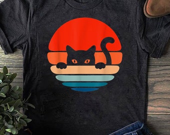 Rolig kattunge meme vintage retro solnedgång kikar nyfiken t-shirt - kattälskare present, rolig kattskjorta, sommarskjorta, cool katt, kattskjorta
