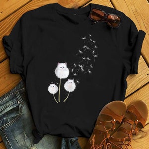 猫たんぽぽの花のTシャツ 猫好きへのギフト - 猫好きへのギフト、面白い猫シャツ、夏用シャツ、クールな猫、猫シャツ