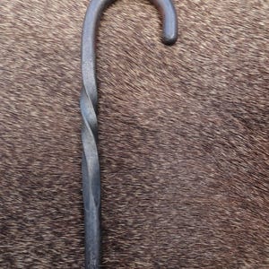 May include: A twisted metal hook with a rounded handle. The hook is made of dark metal and has a rustic appearance.