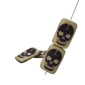 Opaque Matte Cream Skull Laser Tattoo Czech Laser Tattoo Beads | Skull Beads |  18x12mm Rectangle Shaped Glass Bead | 6pcs