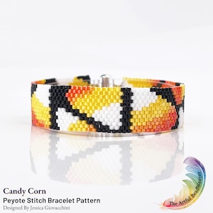 May include: A beaded bracelet with a candy corn pattern in black, white, orange, and yellow. The bracelet is made with peyote stitch and is called "Candy Corn Peyote Stitch Bracelet Pattern" designed by Jessica Giovacchini.