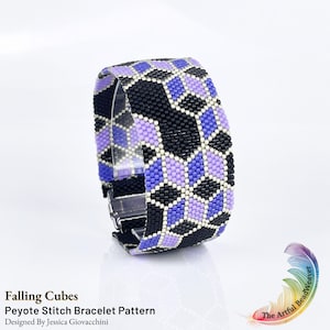 May include: A wide peyote stitch bracelet featuring a geometric pattern of black, light purple, and dark blue cubes. The design is titled Falling Cubes, a peyote stitch bracelet pattern designed by Jessica Giovacchini, with a silver-toned clasp.
