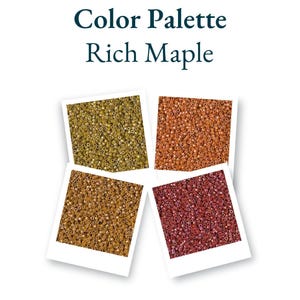 May include: A digital color palette titled Digital Color Palette Rich Maple featuring four square images of small cylindrical beads in shades of olive green, light brown, golden tan, and deep reddish-maroon arranged in a cluster.