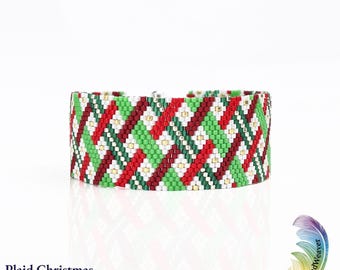 May include: A peyote stitch bracelet featuring a plaid pattern in red, green, white, and gold beads. The design includes small white flower motifs with gold centers arranged in a diagonal grid. Text reads: Plaid Christmas Peyote Stitch Bracelet Pattern Designed By Jessica Giovacchini.