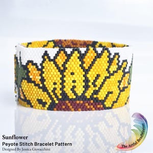 May include: A wide peyote stitch bracelet featuring a sunflower design with yellow, brown, and green beads against a white background. The text Sunflower Peyote Stitch Bracelet Pattern Designed By Jessica Giovacchini is visible.