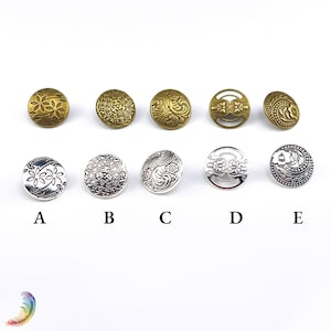 6 Metal Shank Buttons | Various Size | Antique Brass | Antique Silver