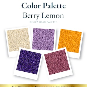 May include: Digital color palette titled "Berry Lemon" featuring five square samples of Delica beads in various colors: cream, lavender, orange, deep purple, and burgundy. The text "NO PHYSICAL ITEMS WILL BE SHIPPED" is at the bottom.