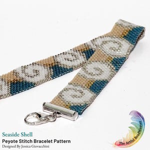 May include: A peyote stitch bracelet featuring a repeating pattern of white spiral shell motifs on a background of tan and teal beads. The bracelet is finished with a silver-toned metal clasp. Text at the bottom reads: Seaside Shell Peyote Stitch Bracelet Pattern Designed By Jessica Giovacchini.