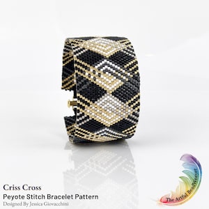 May include: A wide peyote stitch bracelet featuring a geometric diamond pattern in black, white, and metallic gold beads. The text Criss Cross Peyote Stitch Bracelet Pattern Designed By Jessica Giovacchini is visible in the bottom left corner.