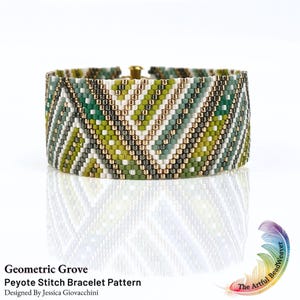 May include: A wide cuff bracelet crafted with peyote stitch beadwork in a geometric pattern. The design features a repeating chevron motif in shades of olive green, forest green, white, and metallic gold beads, finished with a gold-toned clasp.