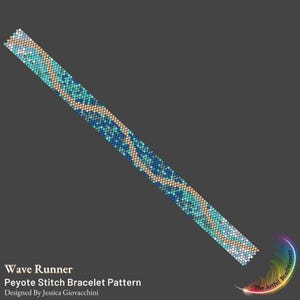 May include: A long, rectangular peyote stitch bracelet pattern featuring a diagonal wave design in shades of blue, teal, and tan. The text "Wave Runner Peyote Stitch Bracelet Pattern Designed By Jessica Giovacchini" is printed at the bottom.