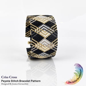 May include: A black, white, and gold beaded bracelet with a geometric pattern. The bracelet is made with peyote stitch and has a clasp closure. The bracelet is designed by Jessica Giovacchini.