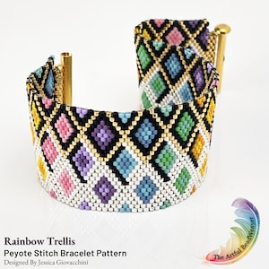 May include: A wide, beaded bracelet with a rainbow trellis pattern. The bracelet features a geometric design with black, gold, and various pastel colours. The bracelet has a gold clasp. The text "Rainbow Trellis Peyote Stitch Bracelet Pattern" is visible.