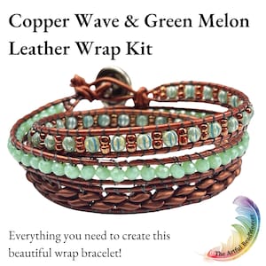 Groene en koperen drievoudige leren armband met kralen | DIY kralen weven | Knutselen voor volwassenen | Leren wikkelset | Kralenpakket | Crafter cadeau