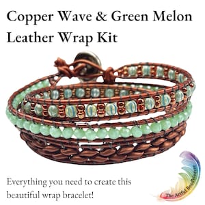 Kit de pulsera con cuentas de cuero de triple envoltura verde y cobre / tejido de cuentas diy / artesanías para adultos / kit de envoltura de cuero / kit de cuentas / regalo artesanal