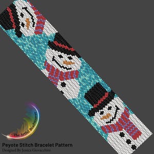 May include: A Peyote stitch bracelet pattern featuring smiling snowmen with black top hats and red and purple scarves against a blue background. The text "Peyote Stitch Bracelet Pattern" is visible.