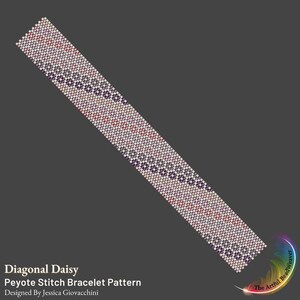 May include: Diagonal Daisy Peyote Stitch Bracelet Pattern. The pattern features a geometric design with alternating rows of white, red, and purple beads. The bracelet pattern is designed by Jessica Giovacchini.