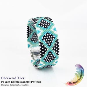 May include: A wide peyote stitch bracelet featuring a geometric pattern of black, white, and turquoise beads arranged in diamond shapes. The bracelet has a clear plastic clasp and is labeled Checkered Tiles Peyote Stitch Bracelet Pattern.