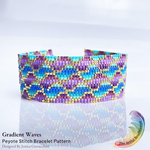 May include: A beaded bracelet featuring a repeating wave pattern in shades of purple, blue, and turquoise, accented with small gold beads. The text Gradient Waves Peyote Stitch Bracelet Pattern Designed By Jessica Giovacchini is visible.