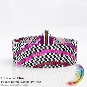 May include: A beaded bracelet with a checkered pattern in black, white, pink, and red. The bracelet is made with peyote stitch and is called "Checkered Plum".