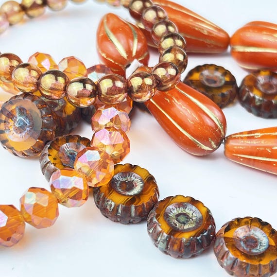 Orange Coordinated Czech Glass Bead Bundle Drop Melon Beads