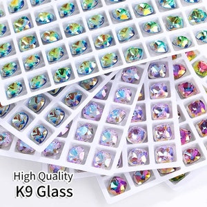 10mm Electroplated Color Rivoli Faceted Silver Foiled Pointed Back Cushion Crystal  | 5pcs